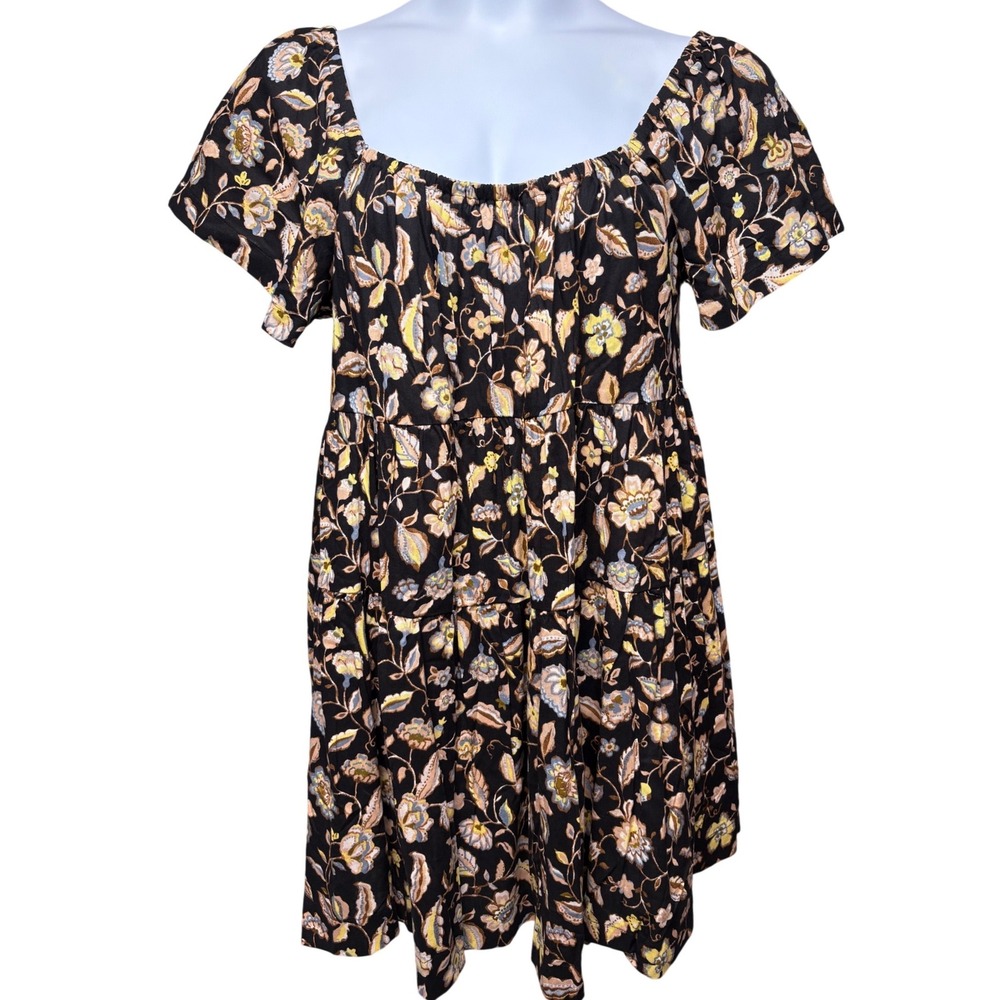 GAP Womens Black Floral Tiered Short Sleeve Peasant Mini Dress XL Petite Boho